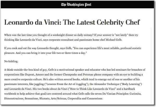 Michael J. Gelb WASHINGTON POST Leonardo da Vinci: The Latest Celebrity Chef