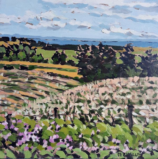An original plein air painting by Laurie De Camillis of Grey County fields