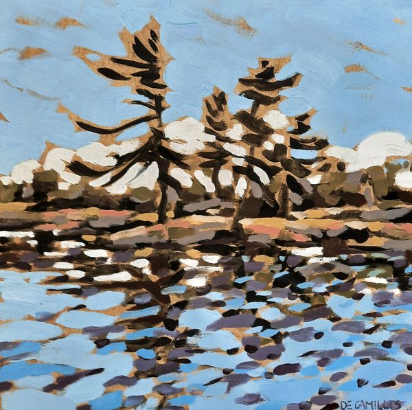 An original plein air painting by Laurie De Camillis of a pine trees on the Precambrian rock across