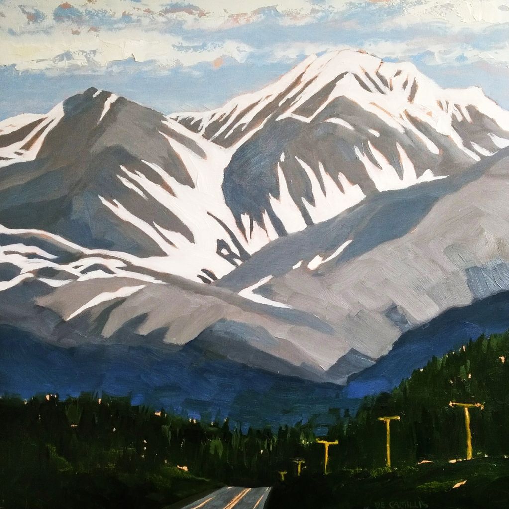 an original painting by Laurie De Camillis of a road going off into the distance into a forest which