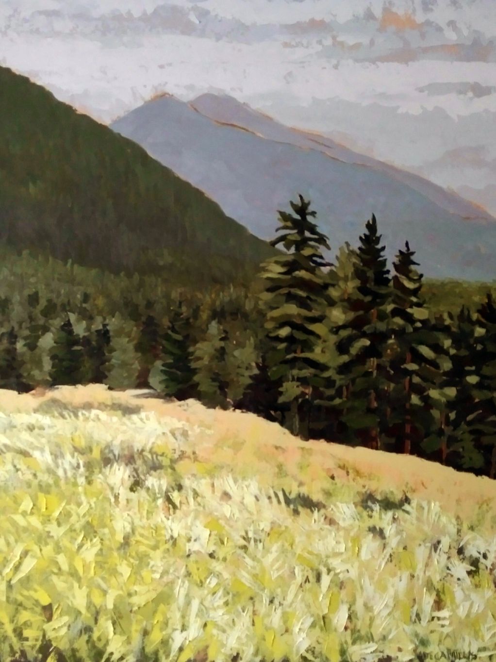 An original painting by Laurie De Camillis of a view along the British Columbia Rocky Mountain Highw