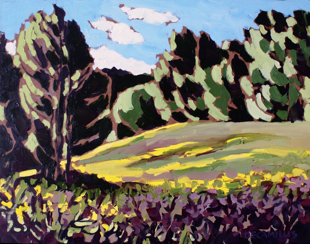 an original plein air painting by Laurie De Camillis of a small ski hill in the summer