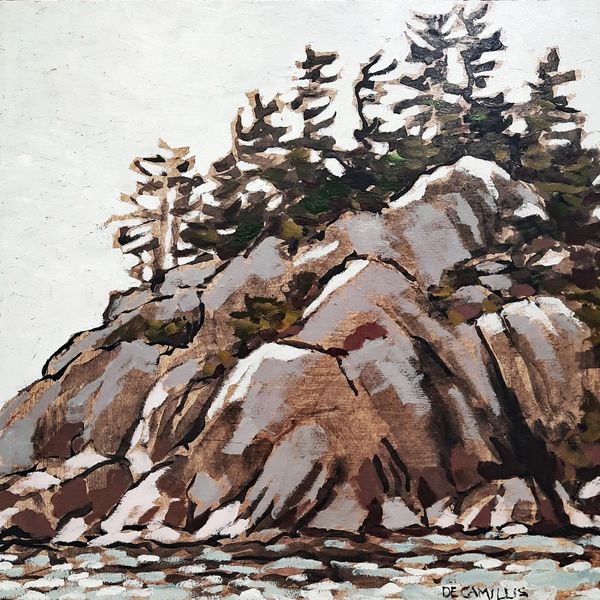 oil painting by Laurie /de Camillis of a rock face at the edge of Lake  Superior with pine trees on