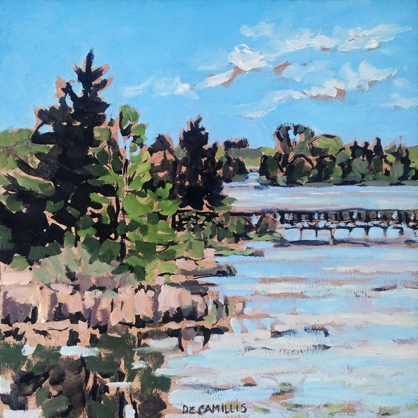 An original plein air painting by Laurie De Camillis of a foot bridge crossing the Orangeville reser