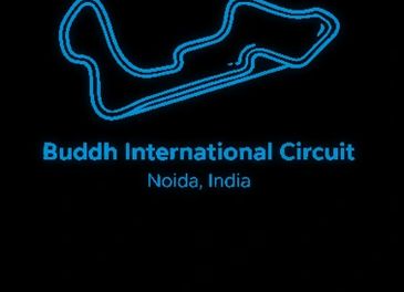 Glowing outline of Buddh International Circuit track in blue on black.