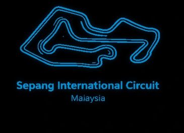 Blue neon outline of Sepang International Circuit in Malaysia on black background.