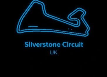 Neon outline of the Silverstone Circuit race track in the UK.