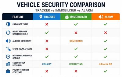 Comparison of vehicle security features: Tracker, Immobiliser, and Alarm.
