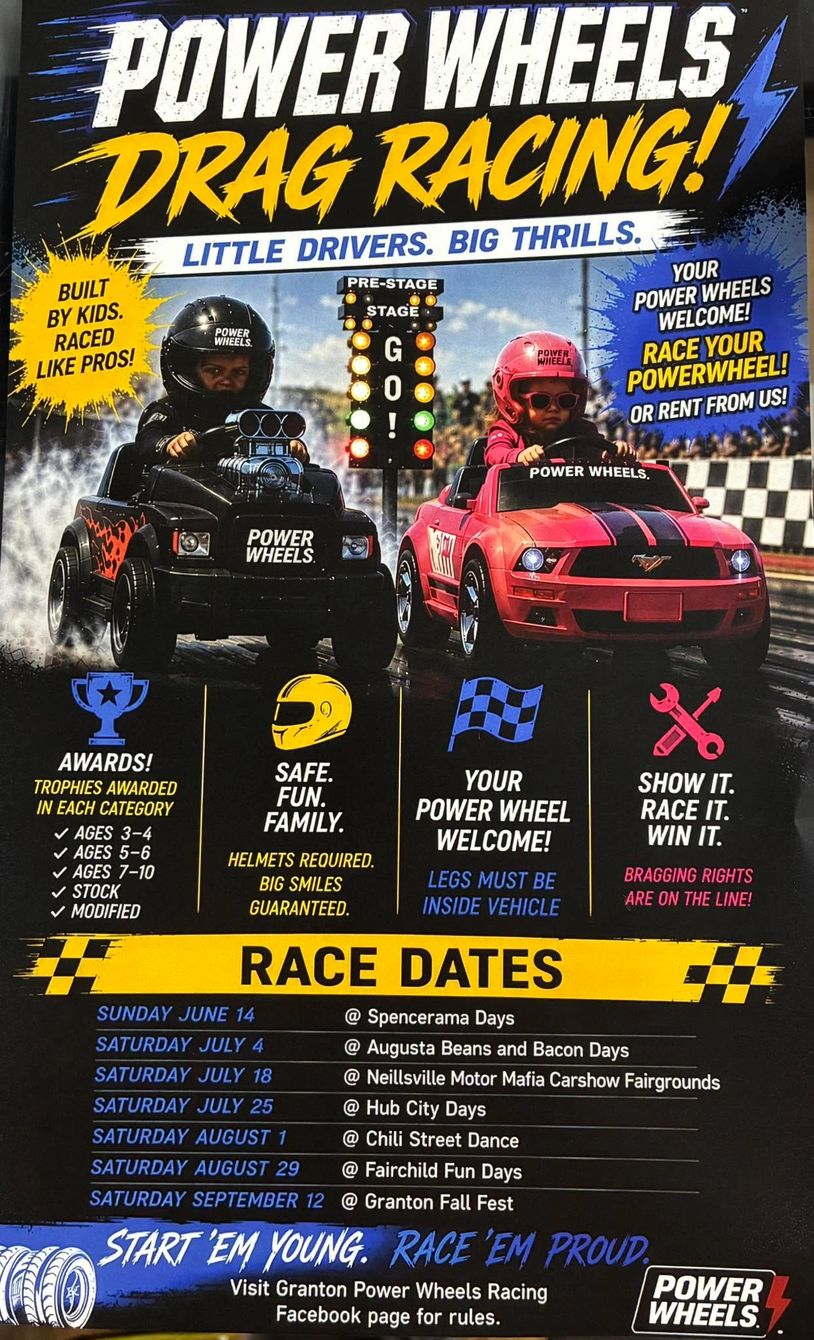 Kids race Power Wheels drag cars with helmets and safety, earning trophies in various categories.