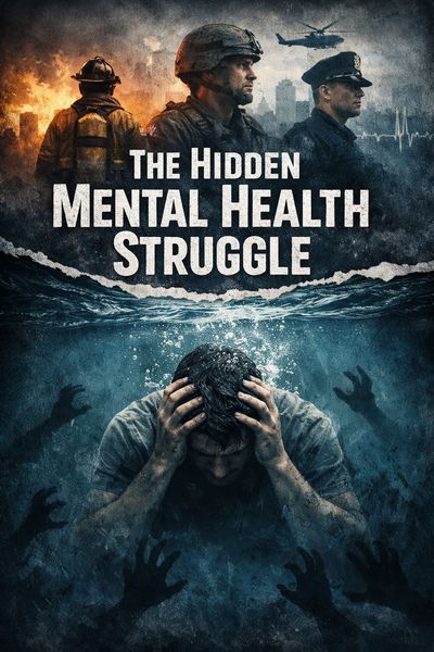 A man struggles underwater with shadows reaching for him, symbolizing mental health challenges.