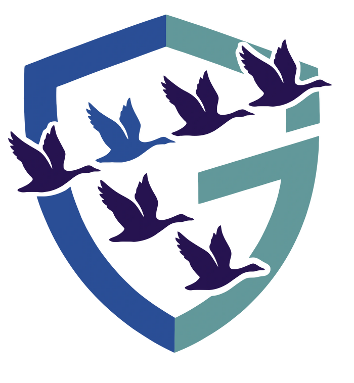 Shield emblem with flying geese in blue and teal colors.