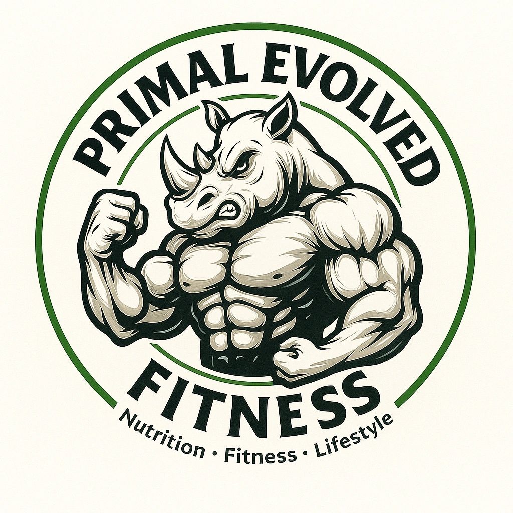 Muscular rhino logo for Primal Evolved Fitness emphasizing strength and lifestyle.