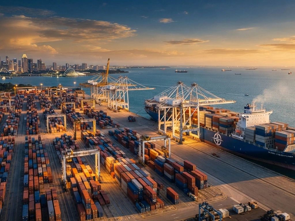 Shipping port with cargo containers and cranes at sunset.