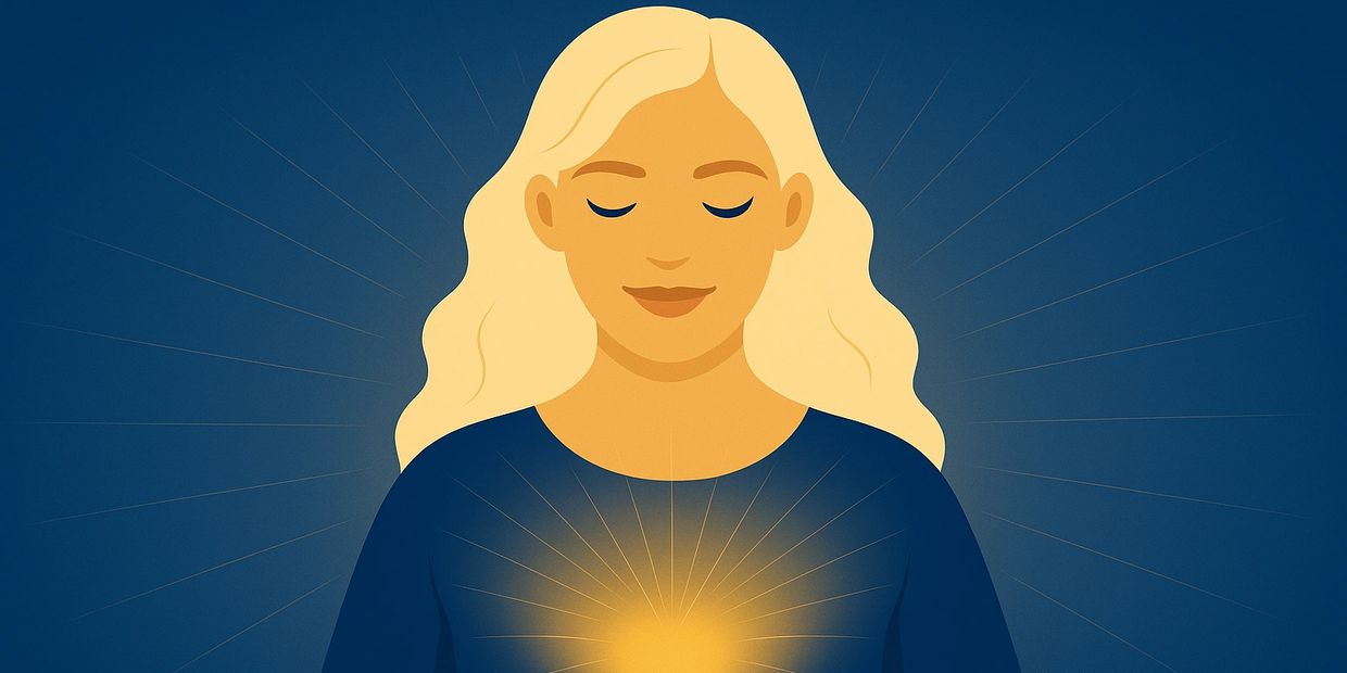 Illustration of a woman with glowing heart symbol, radiating peace.