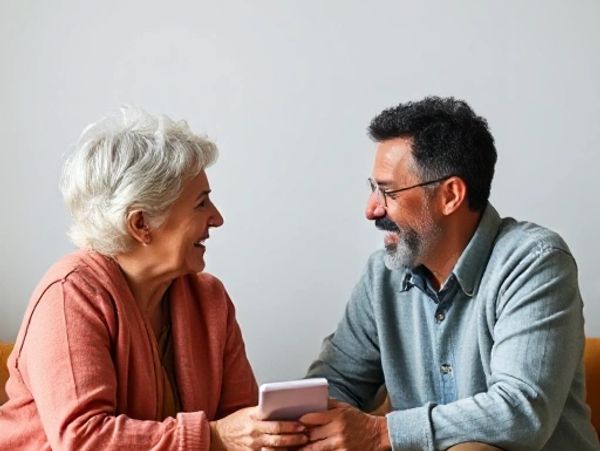 An elderly couple smiling and interacting warmly.
