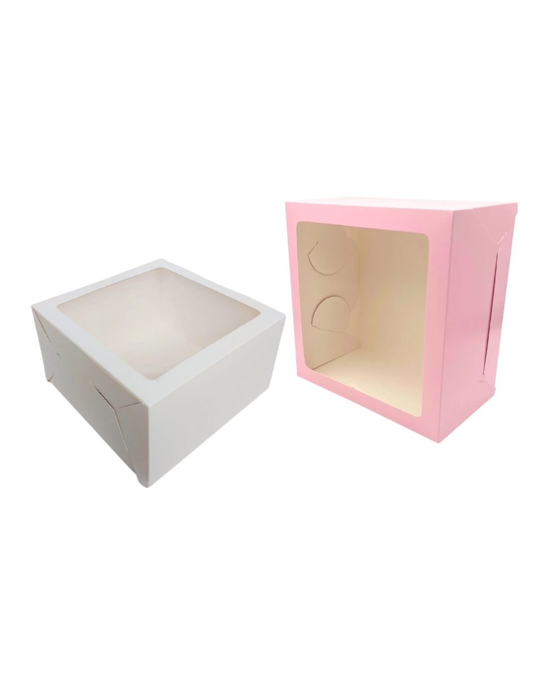 Two empty square cardboard boxes with transparent windows, one white and one pink.