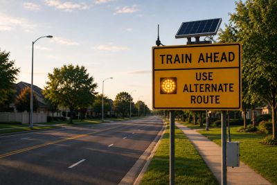 Road Sign Indicating Train Blocking Road Ahead