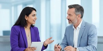 Two business professionals discussing work at a table in a modern office.
