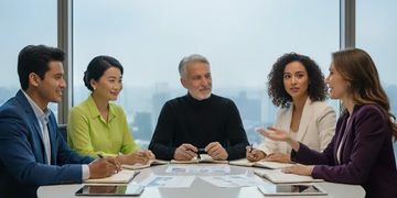 Five professionals engaged in a meeting around a round table with documents and tablets.