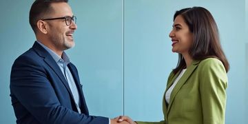 Two professionals shaking hands and smiling in a business setting.
