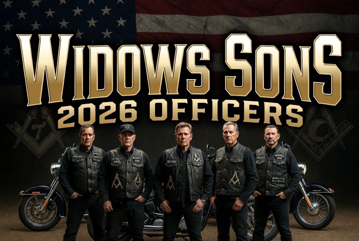 Five men in black leather vests stand in front of motorcycles under 'Widows Sons 2026 Officers' text.