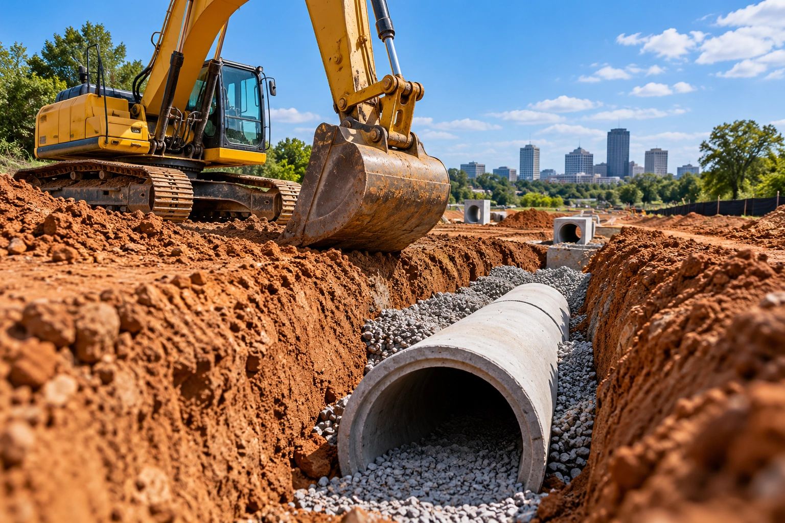 Yellow excavator preparing a trench for underground drainage pipe installation.