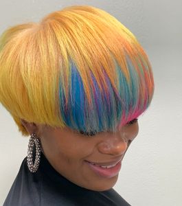 a woman with colorful hair