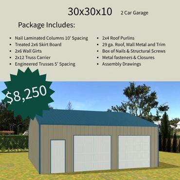 30x30x10 two-car garage package for $8,250 with detailed construction materials.