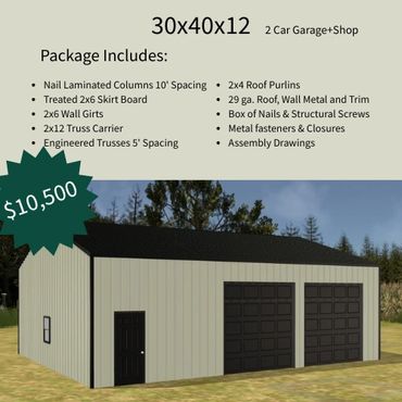 3D rendering of a 30x40x12 two-car garage with included package details and price.