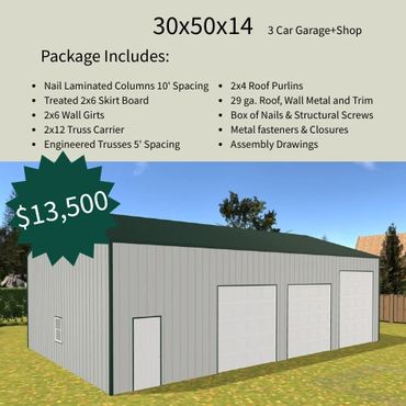3-car garage and shop package priced at $13,500 with detailed construction materials included.