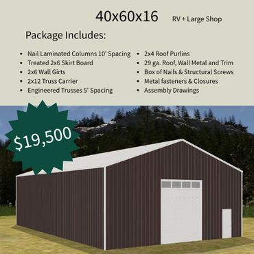 Metal building package for 40x60x16 shop priced at $19,500 with detailed included materials.