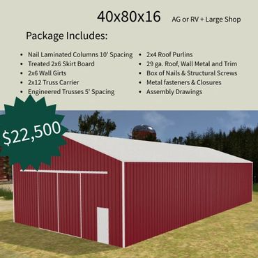 Red large shop building package for $22,500 with structural materials and assembly drawings included.