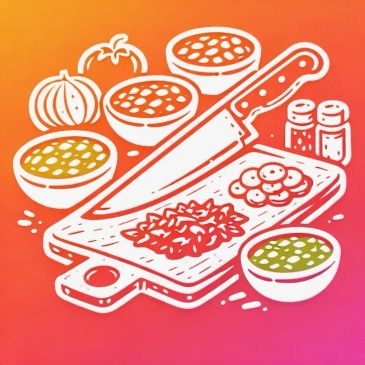 Illustration of cutting board with knife and vegetables.