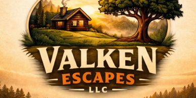 Logo of Valken Escapes LLC with a cabin and tree.