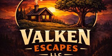Rustic cabin and tree at sunset with 'Valken Escapes LLC' text.