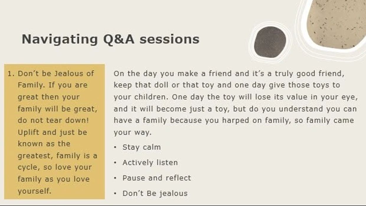 Tips for navigating Q&A sessions and valuing family.