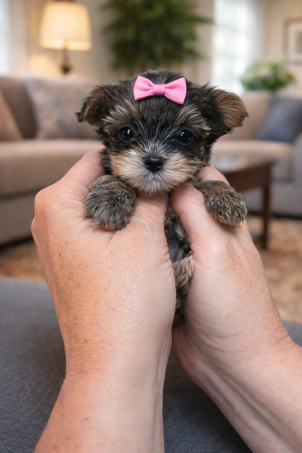 Tiny puppy with a pink bow held in hands indoors.