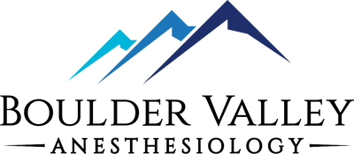 New logo for Boulder Valley Anesthesiology, as of 2019.  Mountains in blue and text for BVA.