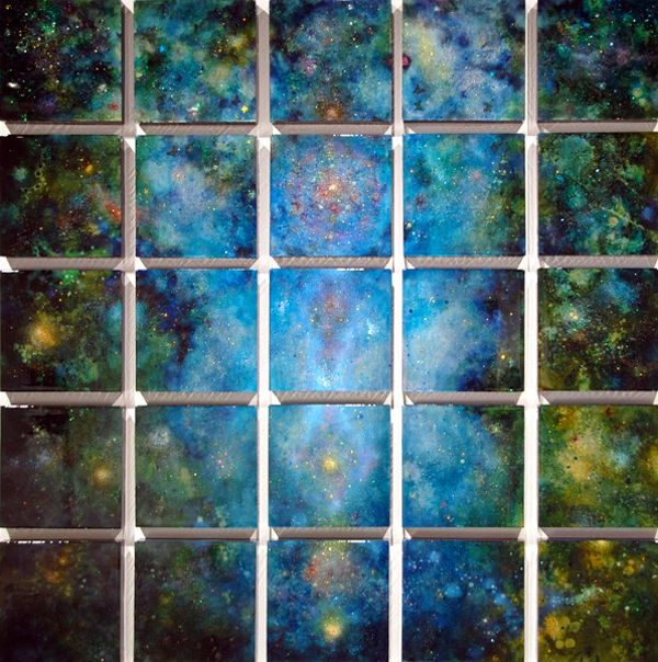 Painting, 25 mixed-media and resin works on aluminum-covered wood panels. Imaginary butterfly nebula