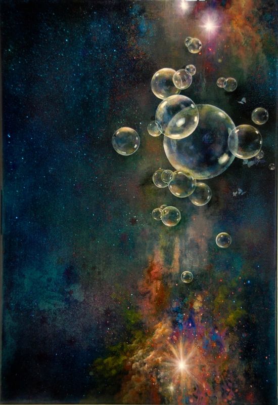 Acrylic painting on transparent plexi box. Bubbles against cosmic expanse. Luminosity
