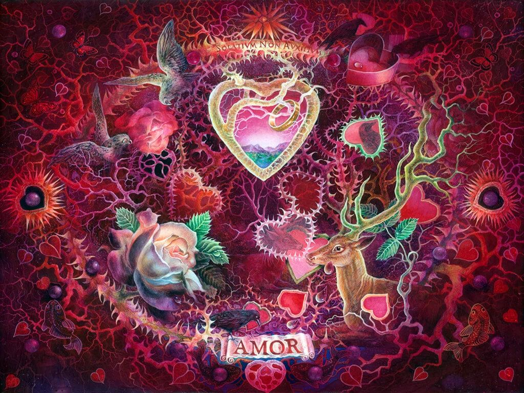 Small, symbolic painting with romantic imagery. "Amor", love, hearts covering surface