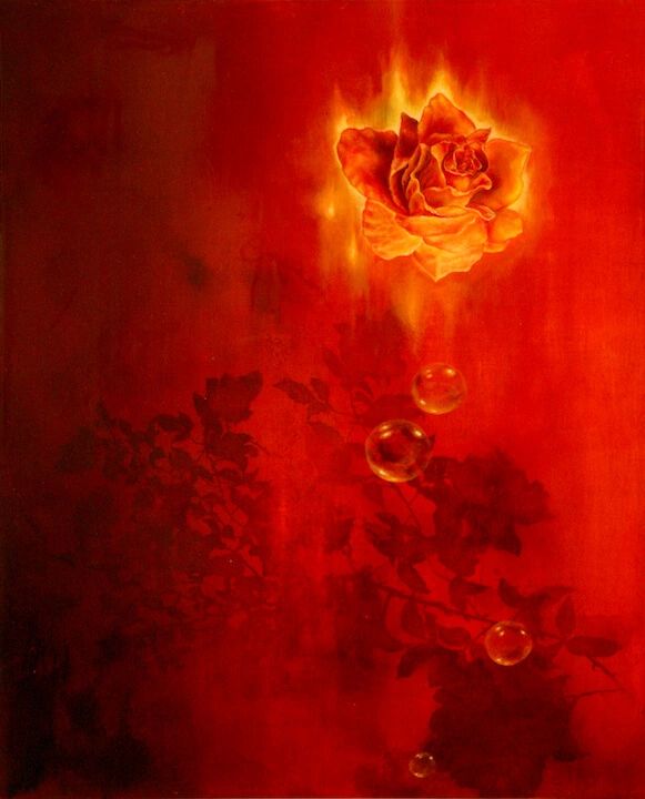 Painting of burning rose against red sky. Subtle rose images in background. Bubbles – fleeting time