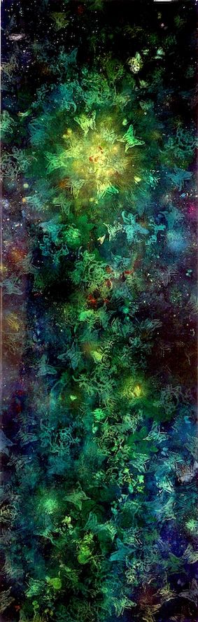 Elongated painting. Butterflies against green and blue background. Layers of resin