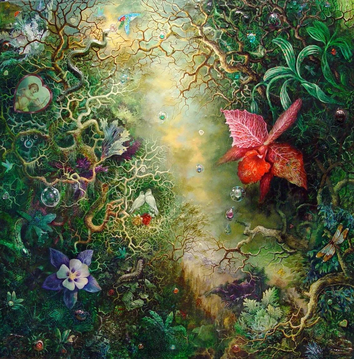 Mixed media painting. Orchid againsts tropical background. White doves in nest. Detail.
Cupid.