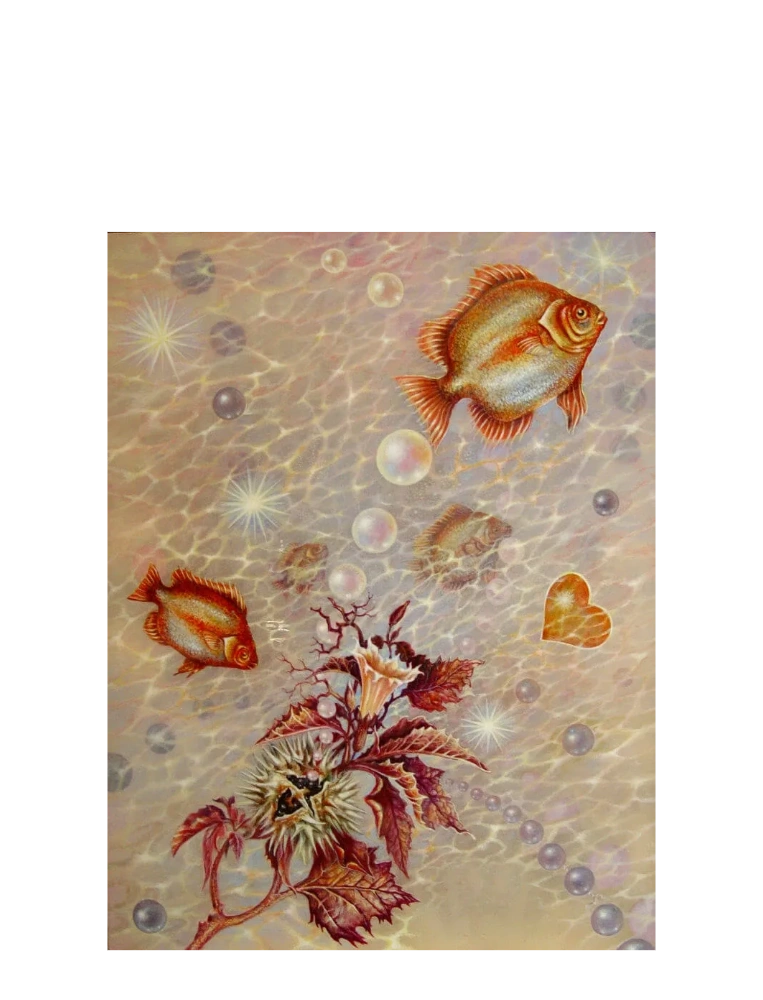 Acrylic painting. Symbols of Venus, the sea, pearls, fish. Luminous with inticate detail