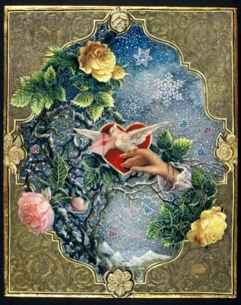 Mixed media painting. Victorian influence. Romance, love against icy landscape