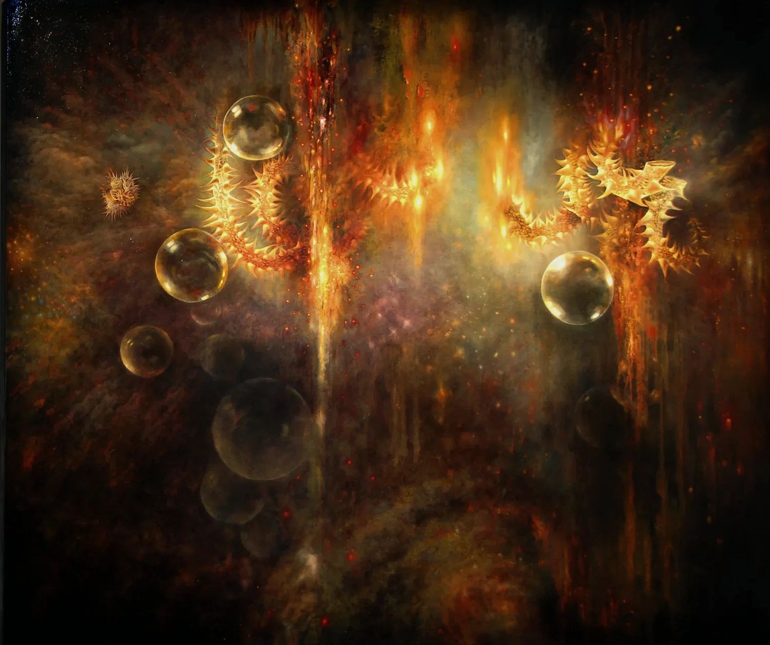 Large oil painting of burning rose branches against cosmic expanse. Huge bubbles