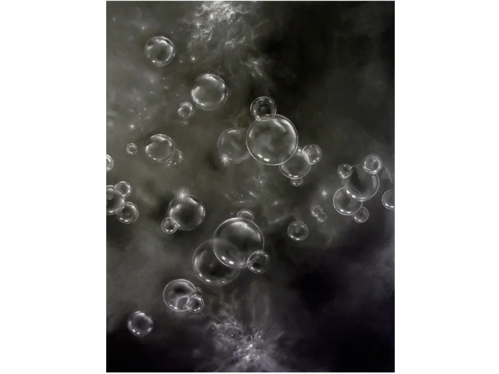 Black and white charcoal drawing. Bubbles against a cosmic background.