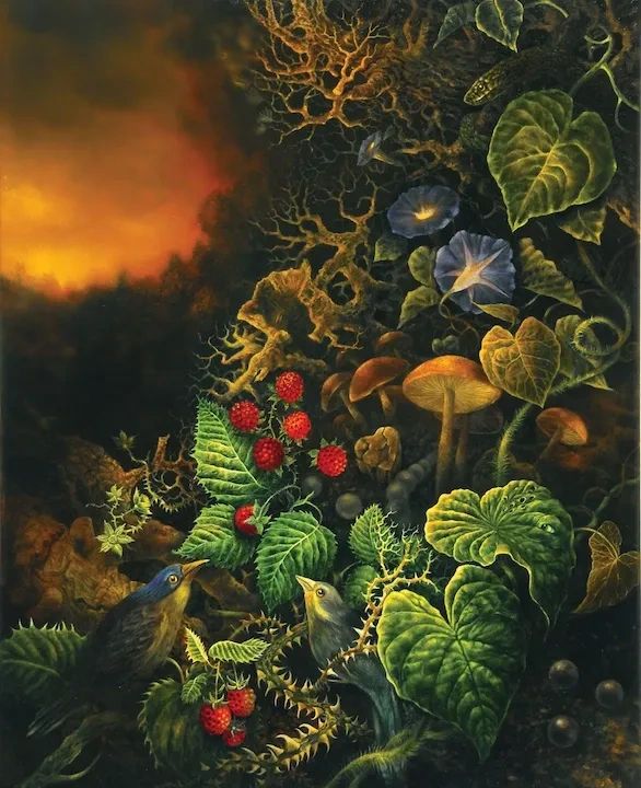 Atmospheric oil painting with birds, flowers, fruit. Suggesting senses like sight, sounds and taste