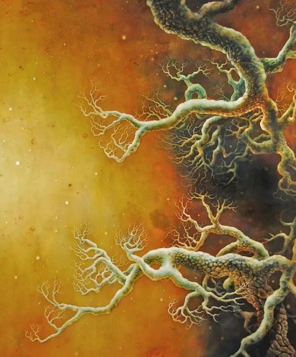 Acrylic painting. Thick layers of transparent resin. Disorienting perspective. References to romance